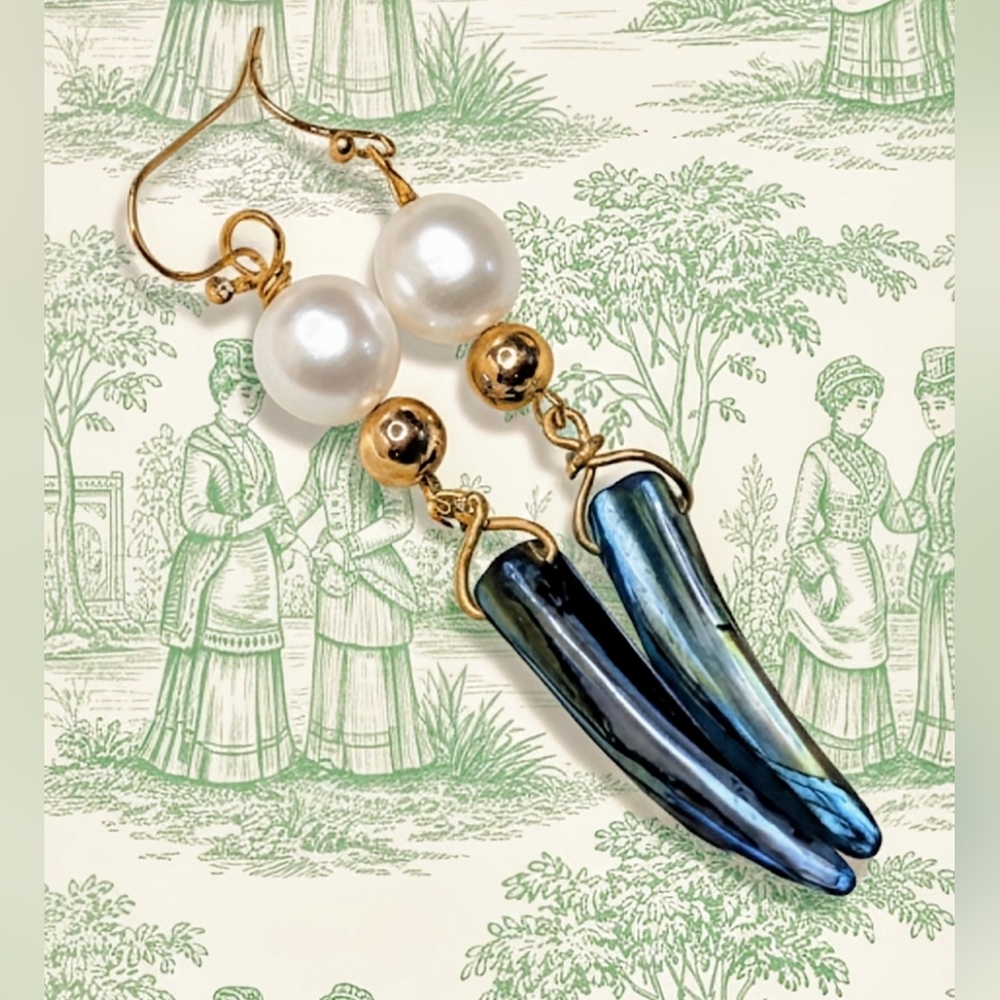 Teal Peacock Mother Of Pearl Fang & Baroque Pearl In Long Gold Plated Earrings